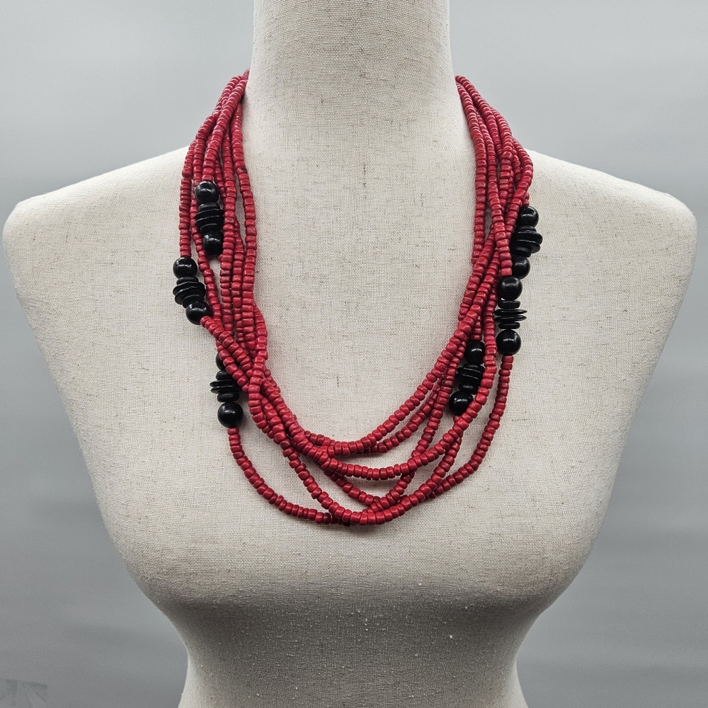 Layered Red Beaded‎ Necklace With Black Accent wood Beads Adjustable